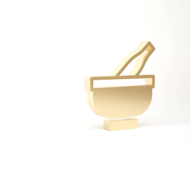 白い背景に金のモルタルと杵のアイコンが孤立しています。3Dイラスト3Dレンダリング - 写真・画像