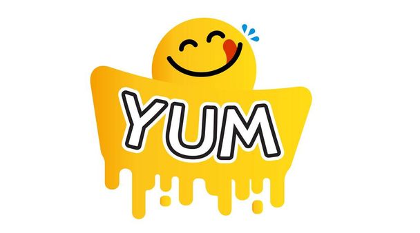 Yummy volto felice sorriso vettore linea cartone animato emoticon con lingua leccare bocca. Delizioso cibo gustoso mangiare emoji faccia su sfondo giallo design Yum icona vettore - Vettoriali, immagini