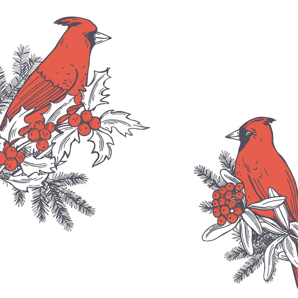 Uccelli invernali disegnati a mano.Cardinali rossi su sfondo bianco. Illustrazione schizzo vettoriale. - Vettoriali, immagini
