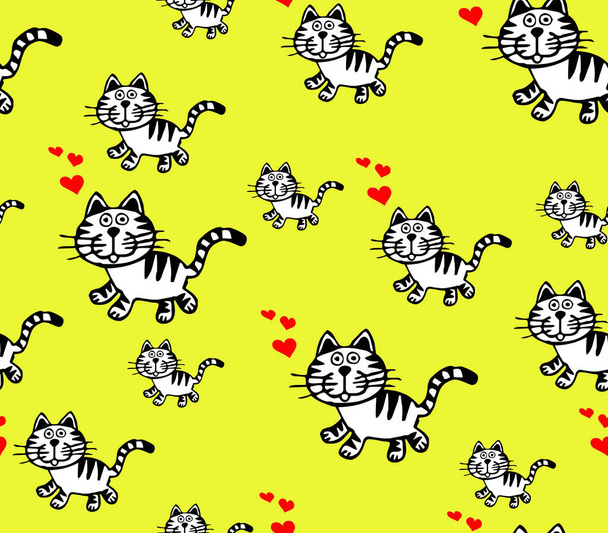 A cat drawn in black lines with red hearts on a yellow background.Seamless pattern. - Photo, Image