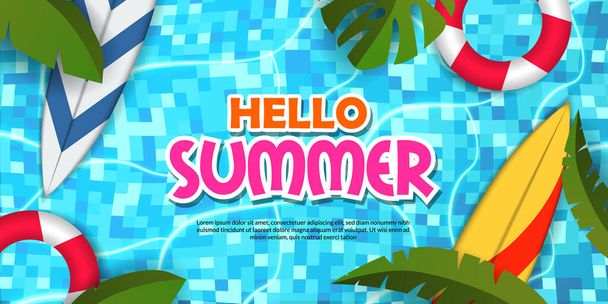 hola verano banner cartel piscina ilustración plana laico relajarse hojas tropicales con tabla de surf de natación - Vector, imagen