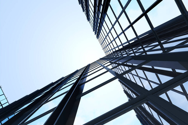 Nízký pohled na futuristickou architekturu, Mrakodrap firemní administrativní budovy se skleněným oknem, 3D vykreslování. - Fotografie, Obrázek