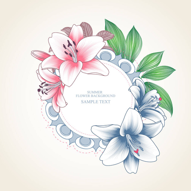 Beautiful floral vintage frame with hand-drawn lilies flowers. Tender and cute vector template for the design of greeting cards from March 8, invitations to the celebration, wedding ceremony. - Vettoriali, immagini