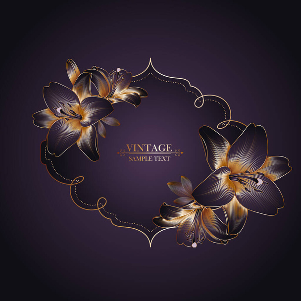 Vintage luxury  floral frame with golden lilies flowers. Romantic pattern template for wall decor, wallpaper, wedding invitations, ceremonies, cards. - Вектор,изображение