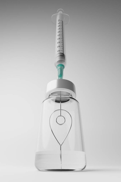 3D renderizado jeringa de vacuna Covid-19 con signo de navegador GPS en botella, hoja de ruta de la burbuja de viaje, Campaña de vacunación para el diseño del concepto de inmunidad del rebaño sobre fondo de gradiente gris con espacio para copiar - Foto, Imagen