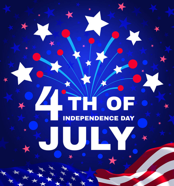 4th of July, Independence Day of the United States. Congratulatory design with USA patriotic colors. Explosion of fireworks against the background of the US flag. Vector illustration - Vector, imagen
