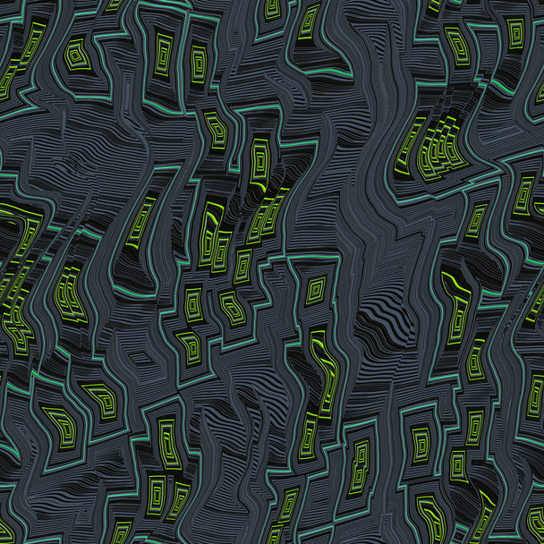 Funky παραμορφωμένο κυματιστό σκούρο γκρι, πράσινες γραμμές αδιάλειπτη μοτίβο, σουρεαλιστικό γκρι ύφασμα πόλης σχεδιασμό - Φωτογραφία, εικόνα