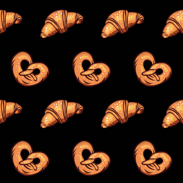 Vector seamless pattern of fresh and tasty croissant and pretzel on a black background. - Vector, Image