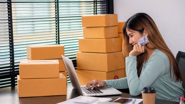 Starting a Small Business, SME Owners, Female Entrepreneurs Check online orders on laptops to prepare boxes. Sell to customers. Online SME Business Ideas - Photo, Image