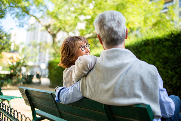 Portrait from back of couple sitting on park bench - Photo, Image