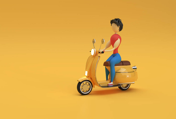 3D Render Mujer a caballo motor Scooter Vista lateral sobre un fondo amarillo. - Foto, imagen