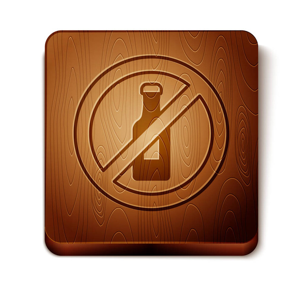 Kahverengi. Beyaz arka planda alkol ikonu yok. Alkol içmeyi yasaklıyorum. Bira şişesi camlı yasak sembol. Tahta kare düğme. Vektör - Vektör, Görsel