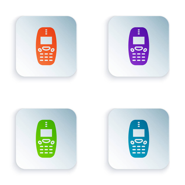 Szín Régi vintage billentyűzet mobiltelefon ikon elszigetelt fehér alapon. Retro mobiltelefon eszköz. 90-es évekbeli mobiltelefon. Állítsa színes ikonok négyzet gombok. Vektor - Vektor, kép