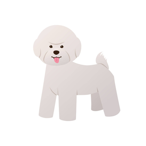 Carino cucciolo Bichon Frise in semplice stile piatto. Cane del fumetto con cappotto bianco soffice isolato su sfondo bianco. Illustrazione vettoriale - Vettoriali, immagini