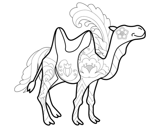 Contour linear illustration with animal for coloring book. Cute camel, anti stress picture. Line art design for adult or kids  in zentangle style and coloring page. - Vector, Image