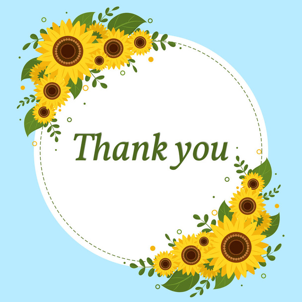 Thank you card round white frame with sunflowers on a blue background. Vector illustration. - Vektor, kép