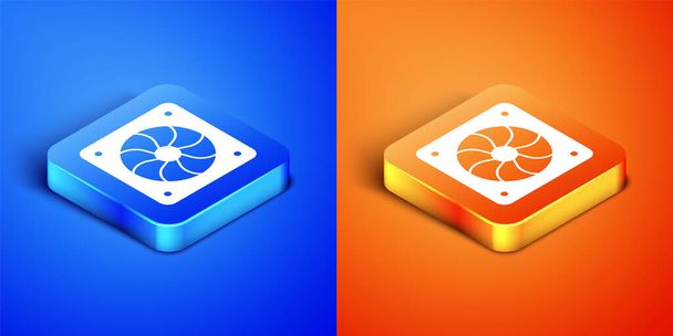 Isometric Computer cooler icon isolated on blue and orange background. PC hardware fan. Square button. Vector - Vector, Image