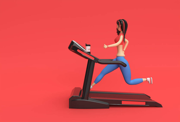 3d Rendering Cartoon Characters Woman Running Treadmill Machine on a Fitness Background. - Photo, Image