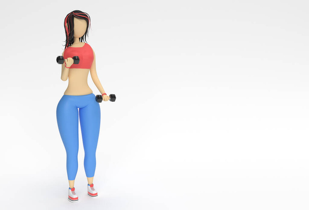 3D Render Woman Cartoon Characters Doing Exercise with Dumbbells Sport, Yoga and Titness Concept 3d illustration Design. - 写真・画像