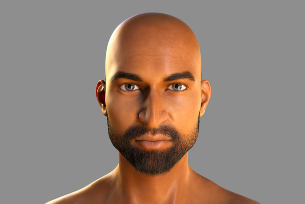 Porträt eines gesunden dunkelhäutigen Mannes ohne Haare, der mit ernstem und selbstbewusstem Gesichtsausdruck in die Kamera blickt, isoliert auf grauem Hintergrund, 3D-Illustration - Foto, Bild