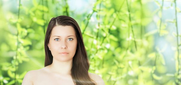 Beauty portrait of young woman for natural skincare and cosmetic brand, spring nature on background as wellness, health and organic beauty concept - Fotografie, Obrázek