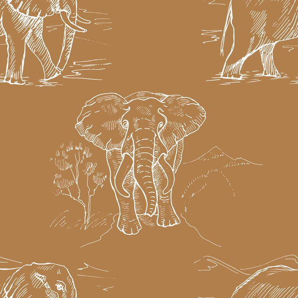 Elefanti africa savana doodle schizzo disegnato a mano patern stampa tessile senza cuciture. animali isolati su sfondo bianco linea grafica natura animali selvatici giungla - Vettoriali, immagini