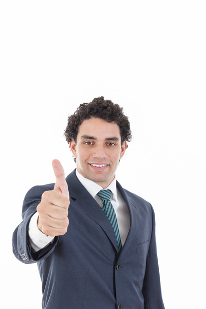 Happy successful businessman showing thumbs up gesture - Foto, afbeelding