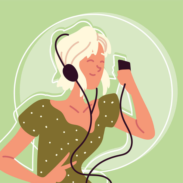 boldog nő fülhallgatóval - Vektor, kép
