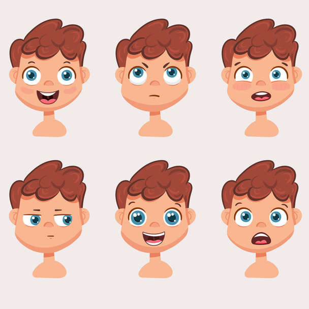 Eine Reihe männlicher Gesichtsbewegungen. Junger Kerl Smiley-Charakter mit verschiedenen Ausdrücken. Vektorillustration im Cartoon-Stil - Vektor, Bild