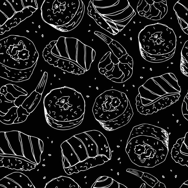 Fruits de mer motif sans couture. Sushi, petits pains, crevettes. Éléments pour un menu de cuisine japonaise sur un tableau. Fond dessiné à la main pour le menu des cafés, restaurants, papier d'emballage - Vecteur, image