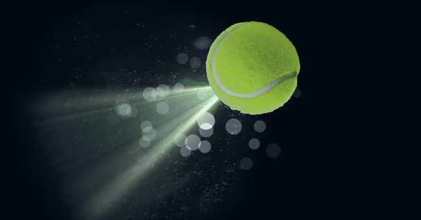 Composition of tennis ball on black background with light trails. sport and competition concept digitally generated image. - Photo, Image