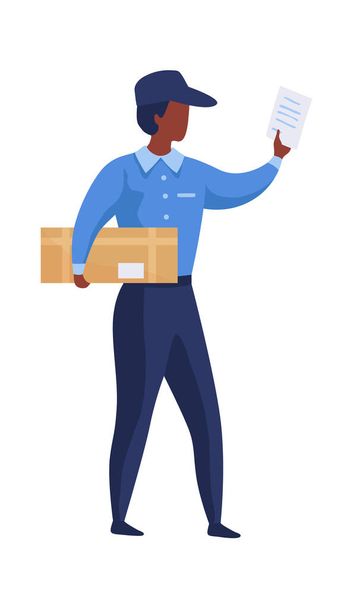 Postman shipping parcel. Cartoon mailman brings letters and boxes. Courier deliveries correspondence. Post office worker in blue uniform. Vector male character carries mail container - Vector, Image