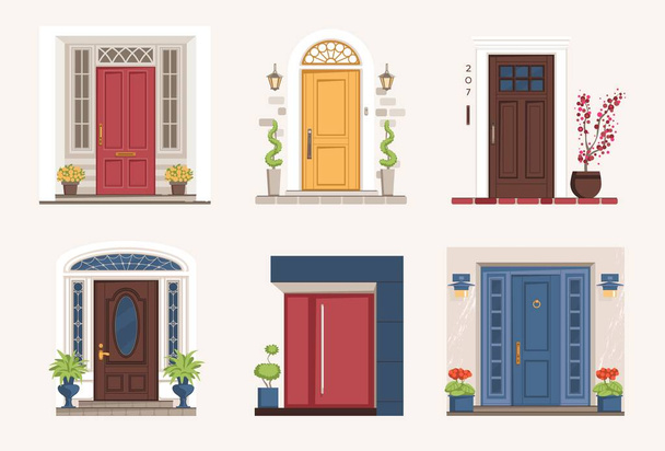 Outside doors. Cartoon residential houses entrances with doorsteps. Exterior architectural elements. Home porches with potted plants. Buildings facades mockup. Vector doorways set. - Vector, Image