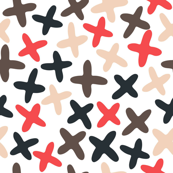 Vector seamless pattern with black, red, light abstract crosses on white background. Hand drawn doodle illustration for wrapping paper, wallpaper, backgrounds, notebooks, textile, trendy clothes and other - Vektor, kép