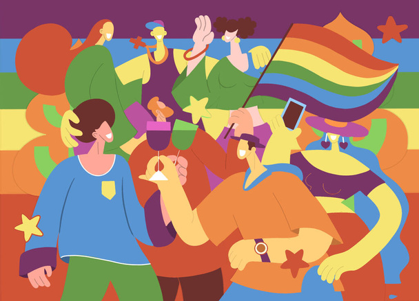 Ylpeysparaati, väkijoukko marssimassa Pride-paraatissa. Lesbojen, homojen, biseksuaalien ja transsukupuolisten yhteisön jäsenet. trendi, joka liittyy monipuolinen joukko ihmisiä, vektori esimerkki doodle - Vektori, kuva