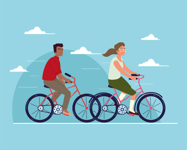 pareja viajar en bicicletas - Vector, Imagen