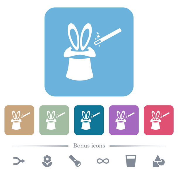 Chapeau magique avec des oreilles de lapin blanc icônes plates sur fond carré arrondi de couleur. 6 icônes bonus incluses - Vecteur, image