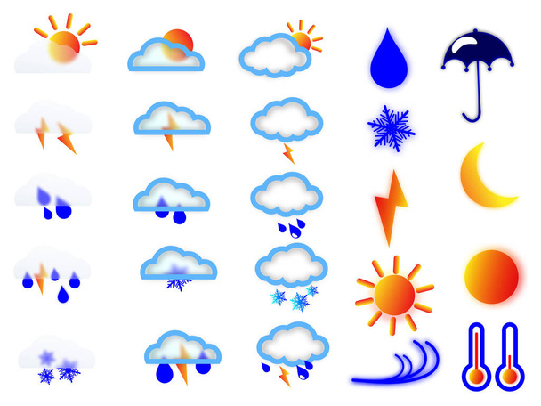 Wettersymbole. Eine Reihe symbolischer Vektorillustrationen über das Wetter. Registrierung der Werkzeugleisten für die Wettervorhersage. - Vektor, Bild