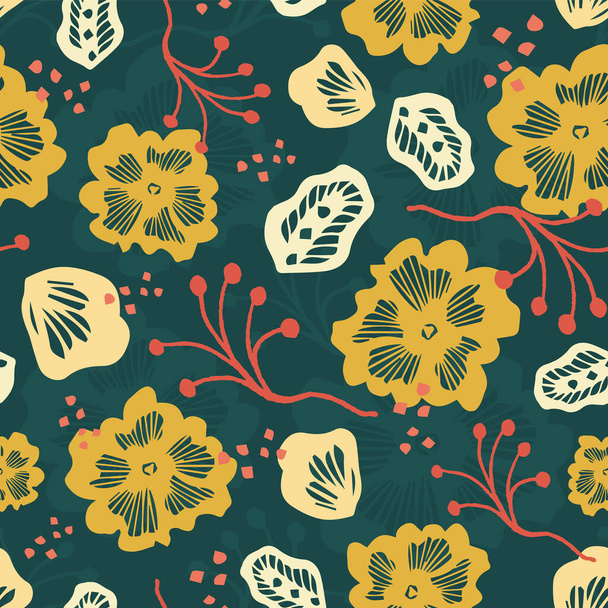 Modern vintage seamless flower pattern, vector background. Mustard flowers, coral red motivs and strong, dark green background. It's an tasty mix of slavic motivs and scandinavian design style. It started with the skirts of the dancing women.  - Διάνυσμα, εικόνα
