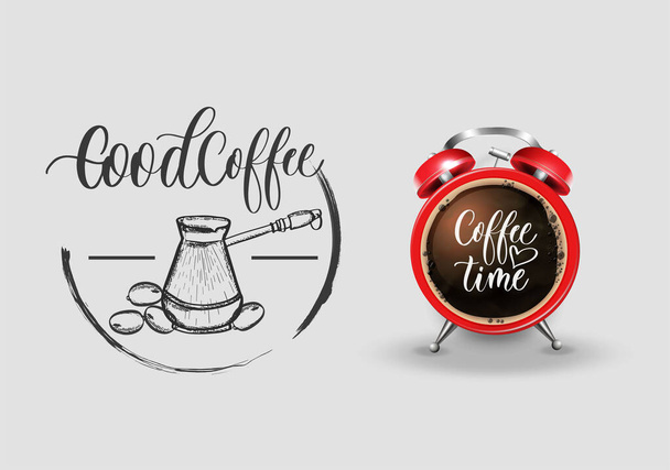 Een kop koffie in de vorm van een wekker met een typografie citaat, een zin over koffie. Voorraadillustratie. Ontwerp sjabloon. Uitzicht van bovenaf. - Vector, afbeelding