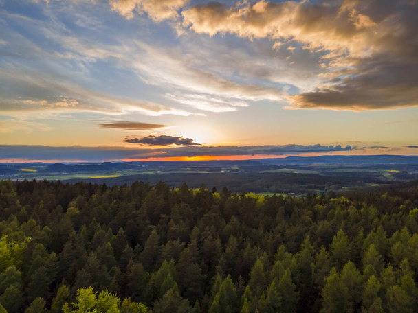 A beautiful sunset across the scenic forest trees under a cloudy sky - Fotoğraf, Görsel