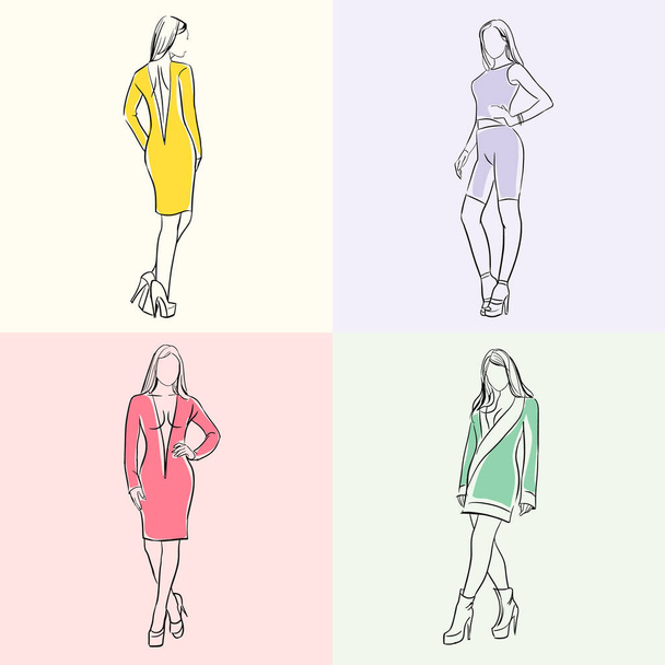 Woman fashion models set. Linear color sketch drawing - Vector, Image