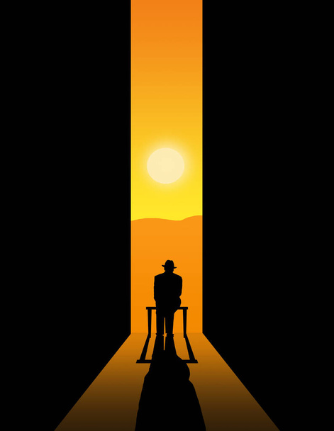 Ein alter Mann sitzt und blickt durch geöffnete Türen auf eine Wüstenlandschaft und eine untergehende Sonne in der 3-D-Illustration. - Foto, Bild