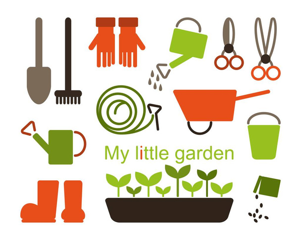 Set of vector illustration of tools and plants growing. Garden scissors, gloves, boots, watering hose, wheelbarrow and shovel, rake. - Vektor, kép