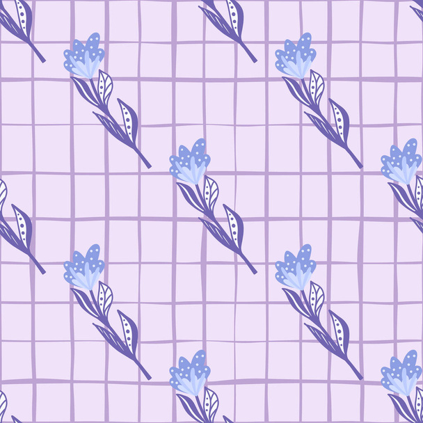 Diagonal azul e roxo flores elementos sem costura doodle padrão. Fundo cinzento chequeado. Projetado para design de tecido, impressão têxtil, envoltório, tampa. Ilustração vetorial. - Vetor, Imagem