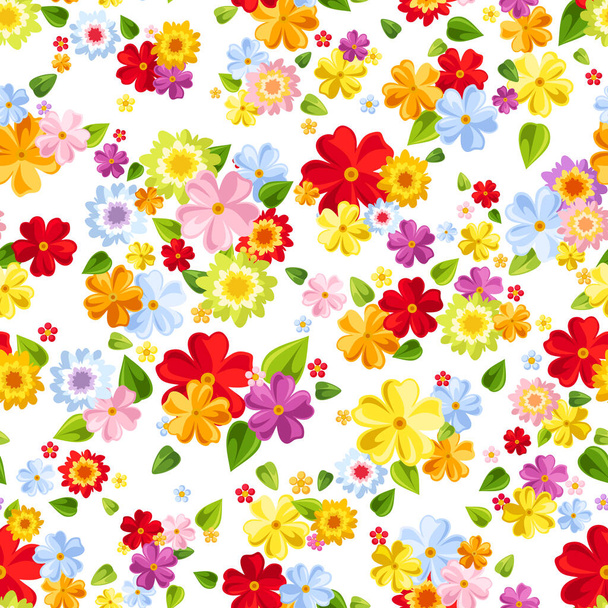 Vector seamless pattern with small bright colorful flowers and leaves on a white background. - Vektor, Bild