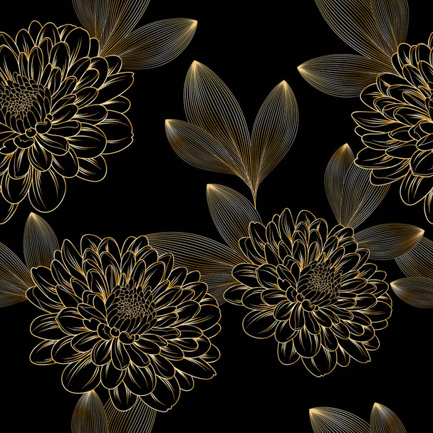 Luxurious vintage seamless pattern with golden flowers chrysanthemum  and leaves. - Vector, afbeelding