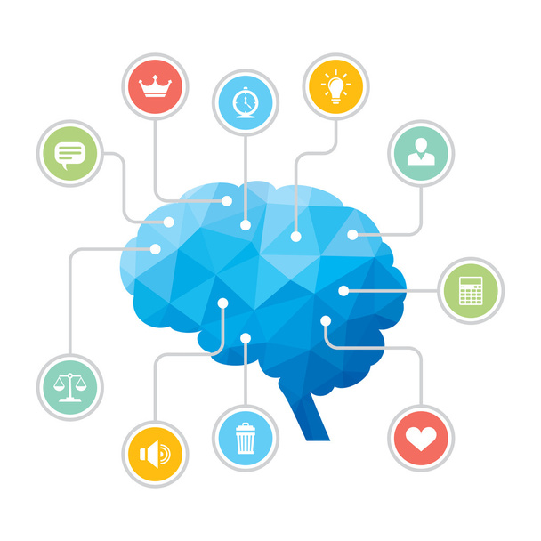 Cervello umano - Illustrazione infografica poligonale blu con icone
 - Vettoriali, immagini