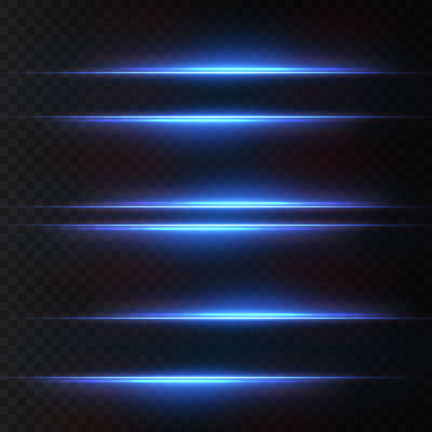 Light beams of light in neon and blue. Illuminated horizontal neon laser. Collection of light transparent realistic rays for design isolated on a transparent background. Horizontal optical lens flare. - Vector, Image