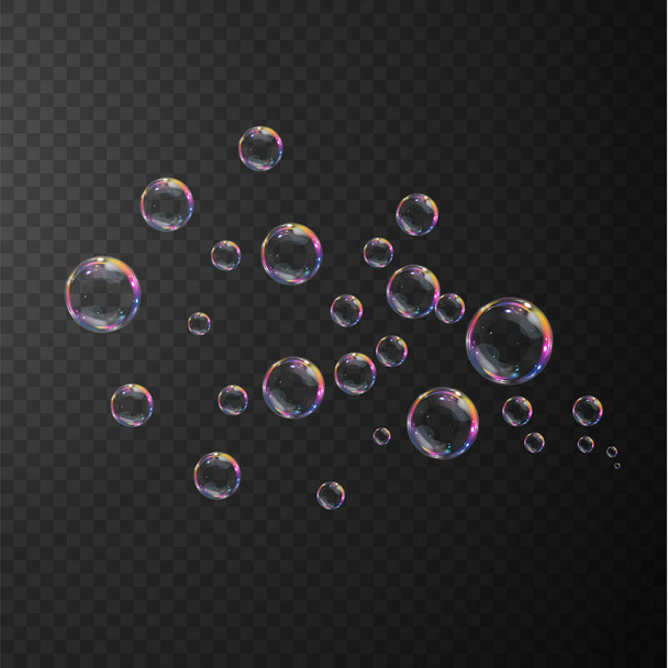 Reális szappanbuborékok gyűjteménye. A buborékok átlátszó háttérrel vannak ellátva. Vektoros repülő szappanbuborékok - Vektor, kép
